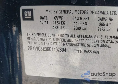 2012 Chevrolet Impala Ltz z USA, uszkodzony, nr VIN 2G1WC5E36C1162394